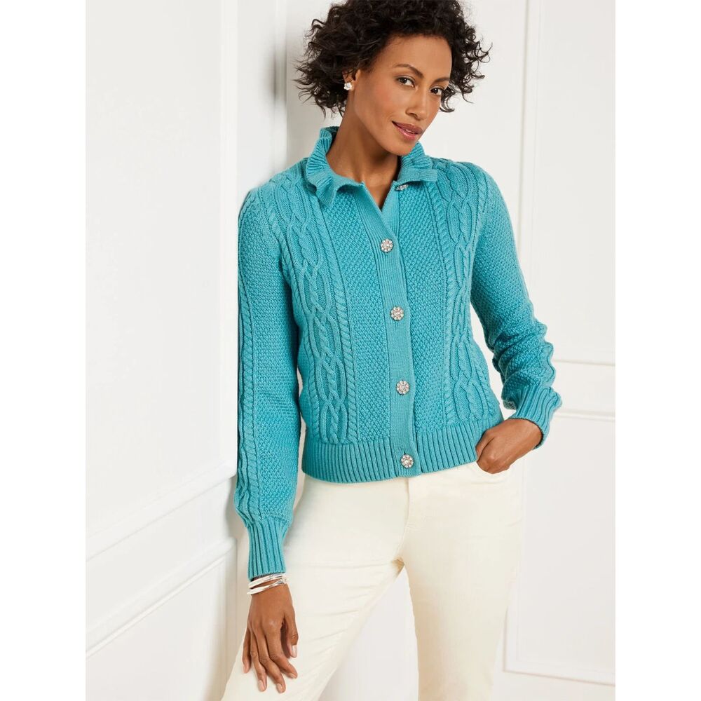 Talbots Light Blue Cable Knit Ruffle Cardigan Sweater Medium M Jeweled Buttons